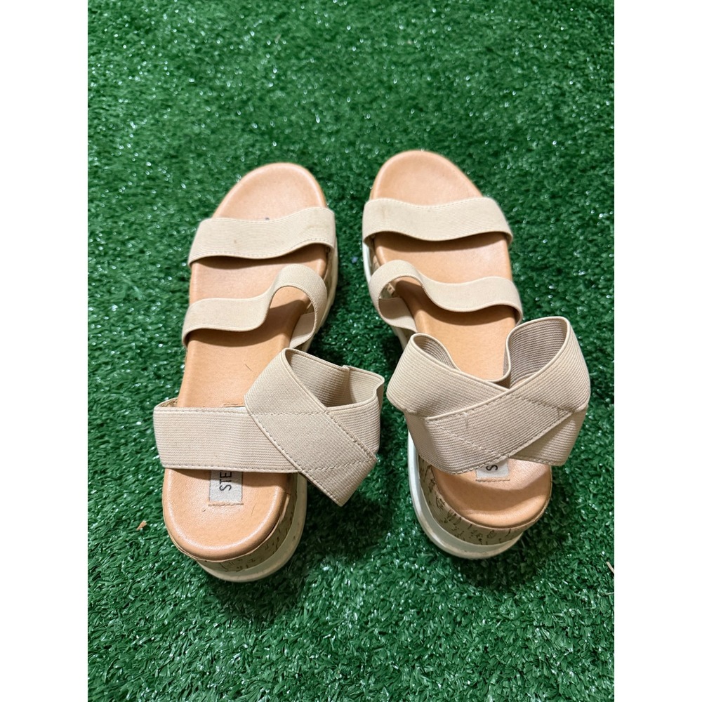Steve Madden Bandi Tan Blush Elastic Strap Cork Platform Wedge Sandals